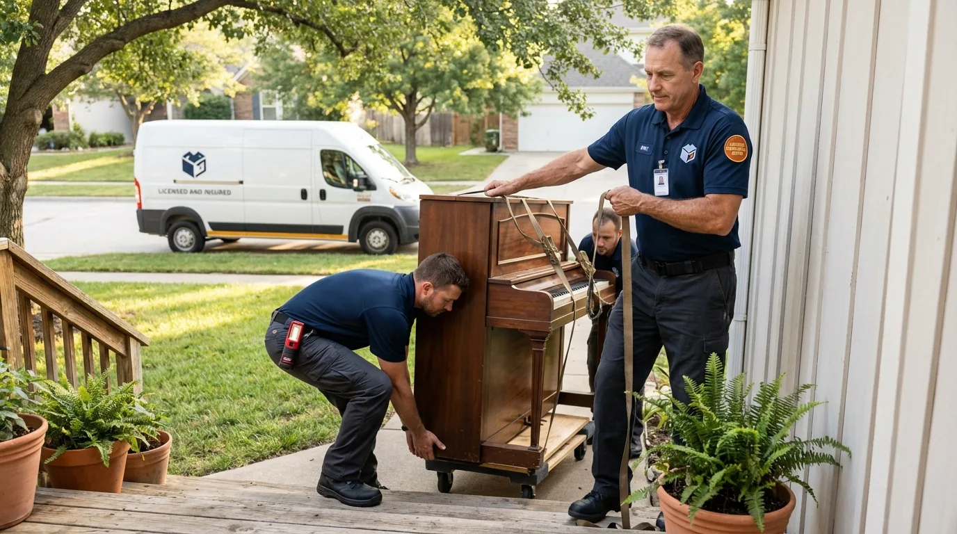 Licensed piano movers securing grand piano in Grifton, NC