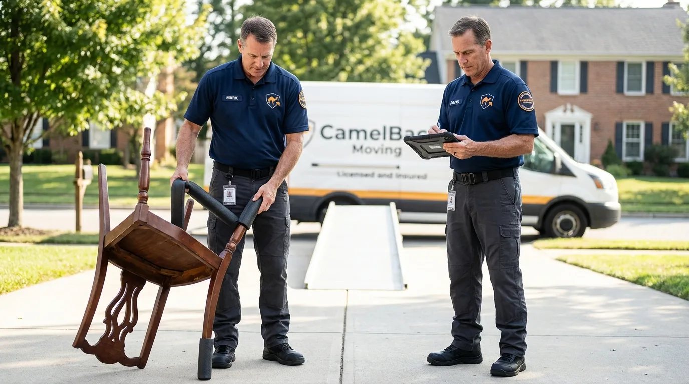 Movers inspecting furniture for damage prevention before loading in Grifton, NC