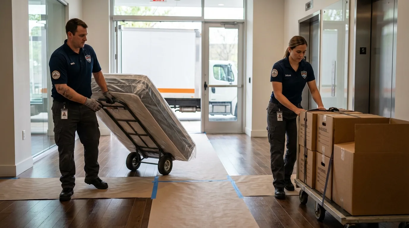 Professional apartment movers loading elevator in Grifton, NC